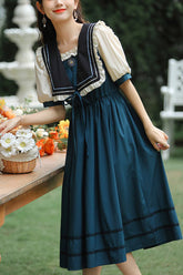 Robe OP Sweet Lolita à col de poupée rétro multicolore, manches courtes lanterne, taille haute avec broderie